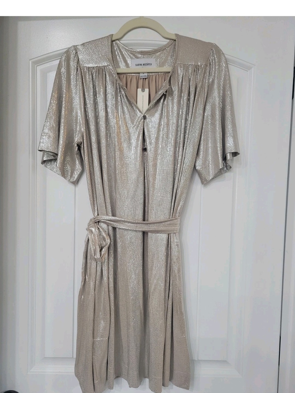 Sabina Musayev x ANTHROPOLOGIE Gold Metallic Belted Shift Dress Size M
